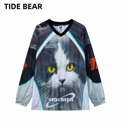 American Casual Couple Sports Mesh Ball Suit V-Neck Different Pupil Cat Face Large Printed Retro Contrast Color Long Sleeve T-Shirt for Men and Women