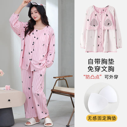 Spring and Autumn Women's Powder Striped Elegant Cardigan Pajamas Mother's Soft Modal Long Sleeve Trousers with Chest Pad Home Clothes