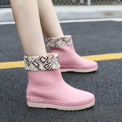 Rain Boots, Women's Mid-Calf Shoes, Adult Women's Shoes, High-Top Non-Slip Shoes, Work Rubber Shoes, Women's Waterproof Low-Heeled Shoes with Removable Cotton Lining
