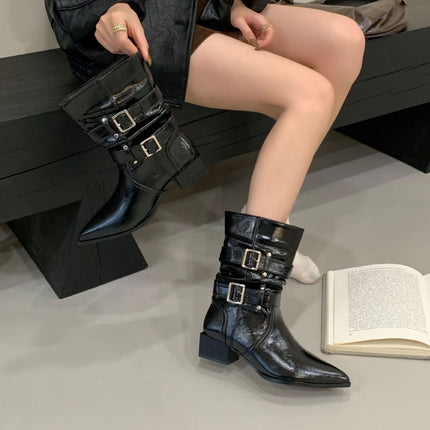 2025 Autumn/Winter Pointed Toe Western Cowboy Boots Autumn/Winter Slimming Melard Short Boots Retro Chunky Heel Mid-Calf Riding Boots