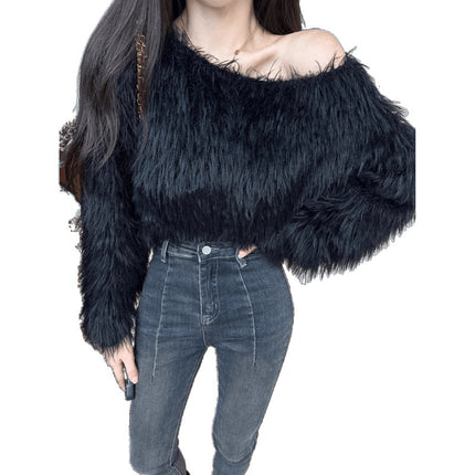Korean Style New Slim Fit Versatile High-Waisted Sweater for Women, Short Fashion Light Luxury Socialite Long-Sleeve Off-Shoulder Fur Top