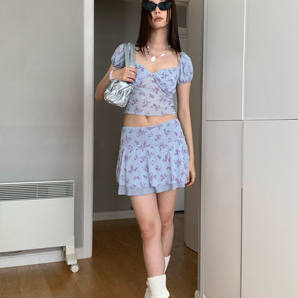 Dorothy Summer New Arrival South Korea Blogger Skirt Mesh Ear Edge Floral Patchwork Low-Waist Mini Skirt