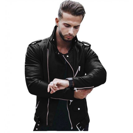 New Autumn and Winter European and American Men's Leather Jacket, Large Size, Fashionable Slim-Fit Leather Coat for Export on Wish and Aliexpress