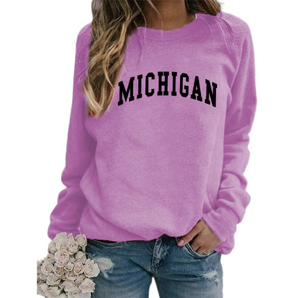 Cross-border supply of European and American foreign trade MICHIGAN printed crew neck sweater top women's coat autumn and winter European size