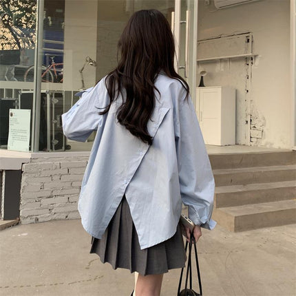 Shirt Women's Design Back Slit Spring Korean Style 2024 New Outer Wear Loose and Chic Long-sleeved Zipper Top