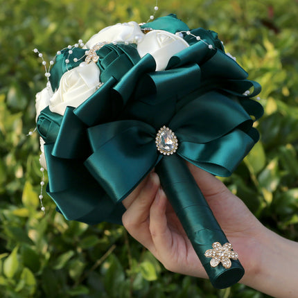 Amazon Supply Dark Green Bride Bridesmaid Simulated Satin Rose Bouquet Church Wedding Supplies Wholesale