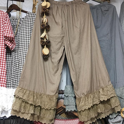 Japanese Women's Sweet and Fresh Wide-leg Pants Multi-layer Lace-trimmed Casual All-match Leggings Cotton and Linen Loose Ankle-length Pants