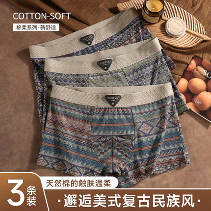 Tiktok Popular Ethnic Style Men's Underwear, American Light Luxury Style Boxer Briefs, Pure Cotton, Comfortable, Breathable, Mid-Waist Four-Corner Briefs