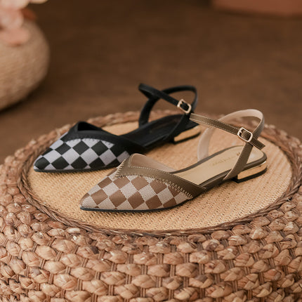 Baotou Women's Sandals, Summer Slippers for Outdoor Wear, Pointed Toe, Genuine Soft Leather, Shallow Mouth, Chunky Heel, Single Strap, Flat Shoes