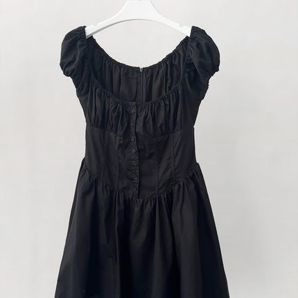 Dorothy Summer New French Style Romantic Little Black Dress with Line Collar and Lantern Sleeves Slimming Ballet Style dress Women