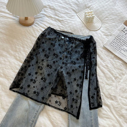 Niche Original Design Korean Lace Gauze Skirt Lace Fart Curtain Apron Women's Stacked Strap Skirt All-match Cover Lace