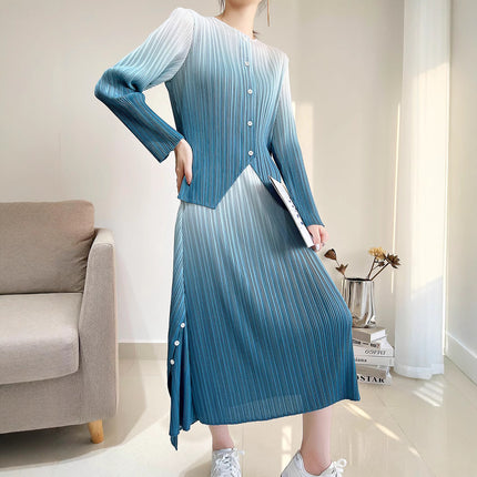Miyake Pleated Women's Clothing with a Complete Set of Clothes, Feminine Gradient Jacket, Pleated Skirt Two-Piece Set