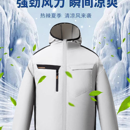Summer New Three-Hole Fan Air-Conditioning Clothing Outdoor Cooling Sun Protection Hooded Shirt Stand Collar Jacket Work Clothes