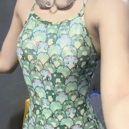 New One-Piece Swimsuit for Women, Sexy Hot Girl Frog Print, Fresh and Conservative Hot Spring Professional Racing Swimsuit