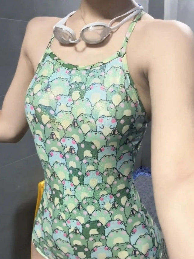 New One-Piece Swimsuit for Women, Sexy Hot Girl Frog Print, Fresh and Conservative Hot Spring Professional Racing Swimsuit