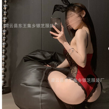 Sexy one-piece red one-piece lace stitching open-end free one-piece delivery