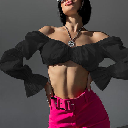 Fd1297 2024 Spring New Cross-Border Women's Pure Color Puff Long-Sleeved Sexy Slim Short Crop Top