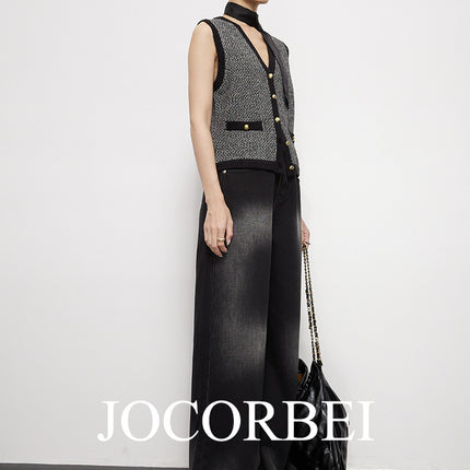 JOCORBEI [retro gradient washed black] high waist wide leg floor jeans women's large straight tube grandma pants