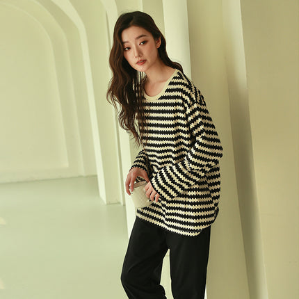 Women's Pajamas, Pure Cotton, Spring and Autumn Long-Sleeved Set, Large Size, High-End Striped Design, Can Be Worn Outside, with Chest Pads, Home Wear