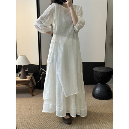 Summer New Style Quality Ramie Handmade Buckle Lace Lace Guofeng dress Double-Layer Skirt suit