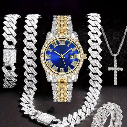 Hiphop Hip Hop Diamond Watch Five-Piece Diamond Cuban Chain Cross Necklace Cuban Ring Cross Border Wholesale