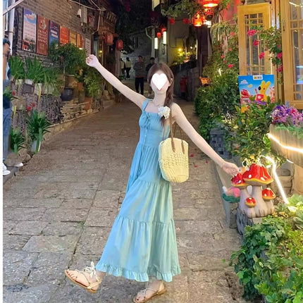Summer New Mint Milk Green Suspender Dress for Women, This Year's Popular Hot Style Sweet Girl Wears Gentle Waist Skirt