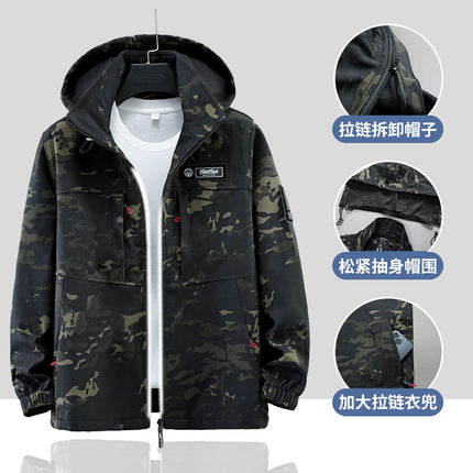Spring and Autumn Jacket Suit Men's Waterproof Work Clothes Work Clothes Labor Protection Clothing Windproof Camouflage Clothing Hooded Training Clothing Outdoor