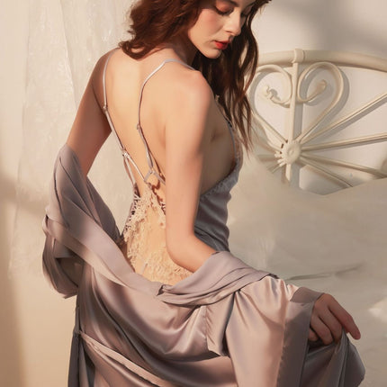 Ice Silk Satin Nightgown with Chest Pads, Lace, Pure Desire Style, Backless, Purple Sexy Nightwear, Loungewear Set with a High-End Feel