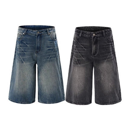 LKTM Men's# American High Street Washed Design Lightning Pattern Denim Shorts Men's and Women's Loose Wide Leg Cropped Pants