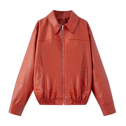 2025 Autumn New Style American-Style Faux Leather Bomber Jacket for Women, Oversized Loose Pu Leather Zip-Up Jacket Trendy