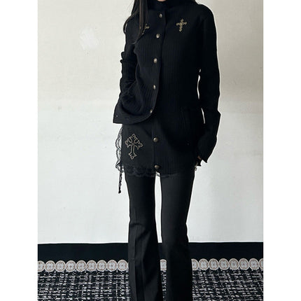 American Style Spice Girl Ancient Early Gothic Cross Culottes Women's Spring Fake Two-piece Lace Stitching Micro Horn Mop Pants