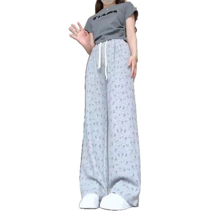 Apricot Ice Silk Floral Sweatpants for Women, Summer Thin Casual Petite Straight Wide-Leg Pants, Loose American-Style Sweatpants