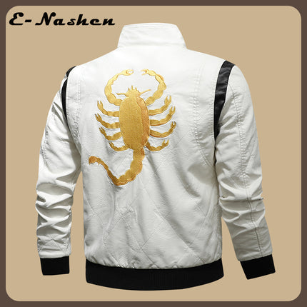 European and American Men's Leather Jacket New Style Stand Collar Removable Hooded Motorcycle Leather Jacket Fashionable Black and White Color Matching Large Size Men's Clothing