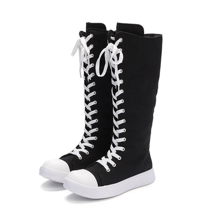 Cross-Border 2025 Spring New Large Size Women's Shoes High-Top Strap Side Zipper Canvas Shoes Simple Long Knee-High Boots
