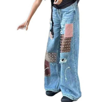 American High Street Design Splatter Print Jeans for Women, New Summer Style, Slimming Ripped Patchwork Floor-Length Pants