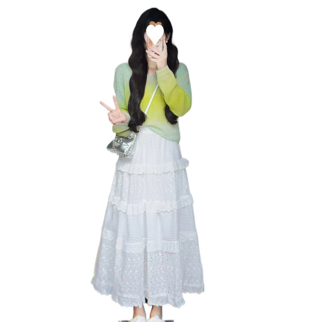 Gradient vignette 2024 new thin loose long sleeve sweater slimming cake skirt gentle style skirt suit