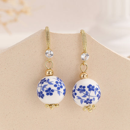 Cross-Border Hot Selling Ceramic Earrings for Women New Chinese Fashion Small Gold Bean Beads Blue and White Porcelain Semi-Circle Earrings Wholesale Supply