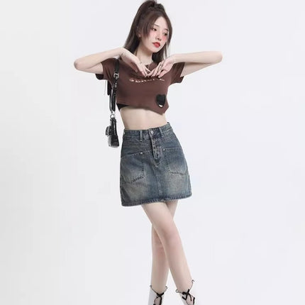 Anti-glare High Waist Denim Skirt Women's Summer New American Style Spice Girl Slimming Straight A- line Hip Short Skirt