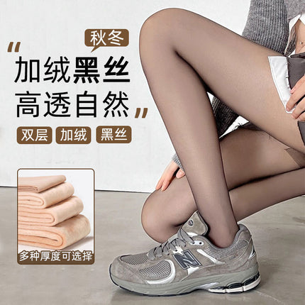 Black Thickened Fleece-Lined Bare-Leg Pantyhose for Women, Autumn and Winter Double-Layer Natural-Looking Fake Sheer Leggings