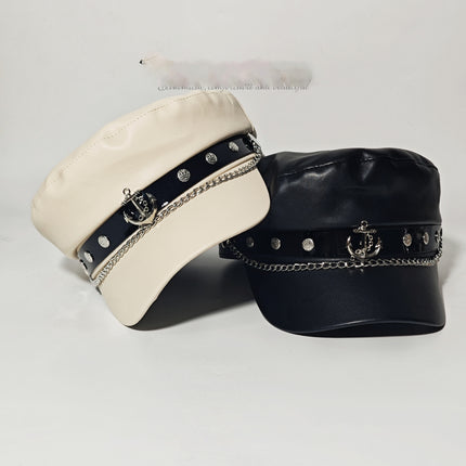 Korean Fashion Versatile Leather Pirate Ship Chain Navy Cap British Style Octagonal Cap Large Head Circumference Face-Slimming Duckbill Cap