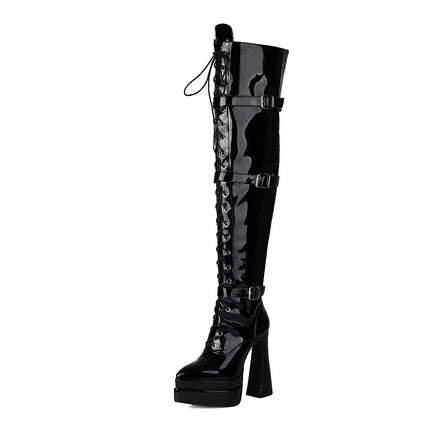 Over-The-Knee Boots Waterproof Platform Women's Black 2024 Buckle Strapless Stiletto Heels Returnable European and American Round Toe New Adult