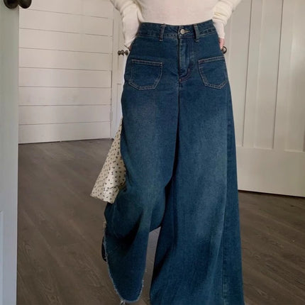 Hong Kong Style Retro Mop Loose Jeans Women's Spring 2025 New High Waist Straight Wide Leg Pants Design Sense Pants