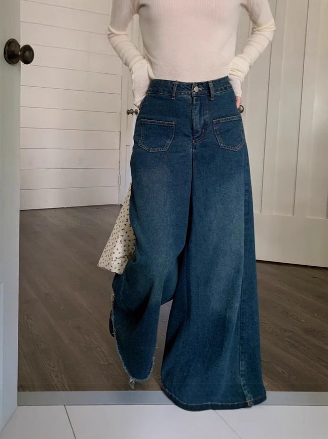 Hong Kong Style Retro Mop Loose Jeans Women's Spring 2025 New High Waist Straight Wide Leg Pants Design Sense Pants