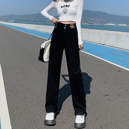 2025 Slimming Versatile High-Waisted Wide-Leg Pants White Denim Floor-Length Straight Pants Niche Loose Women's Two-Button Trendy