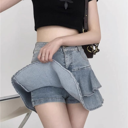 High Waist Fashionable Hot Girl Ruffled Denim Cake Skirt Short Skirt Women's Summer Design Sense Niche A- line Pants Skirt