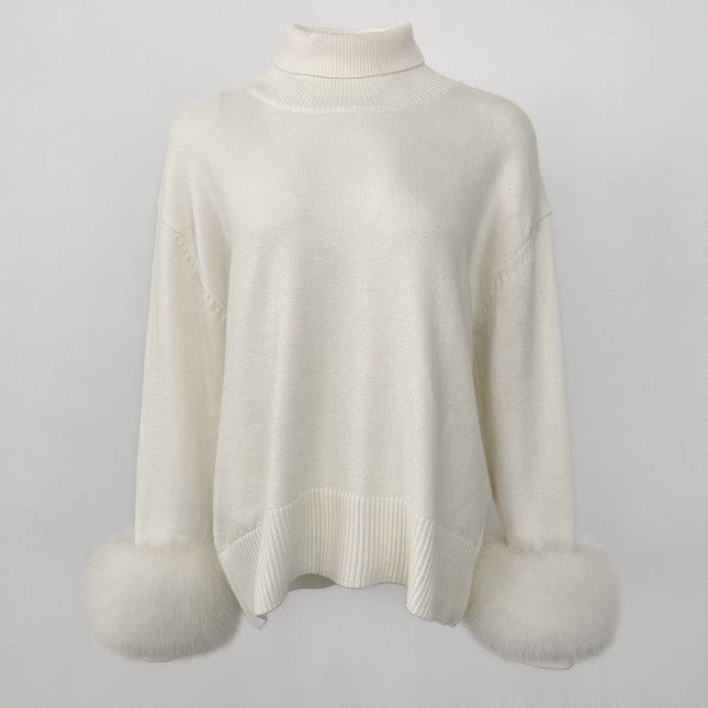 Women's Sweater Amazon Aliexpress Hot-Selling Autumn and Winter New Style Real Fox Fur Cuffs Loose High-Neck Knit Sweater for Women
