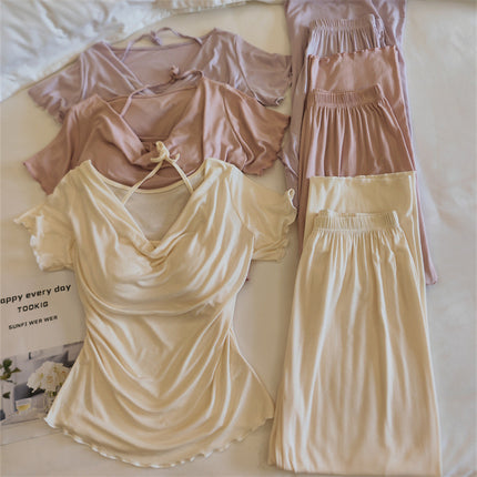 Girls' Pajamas Modal Cotton Short-Sleeved Shorts Summer Lace Women's Three-Piece Casual Home Wear Set with Breast Pads
