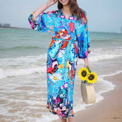 2025 New Rayon Bee Print Beach Cover-Up Seaside Vacation Cardigan Bikini Sun Protection Outer Wear Cross-Border