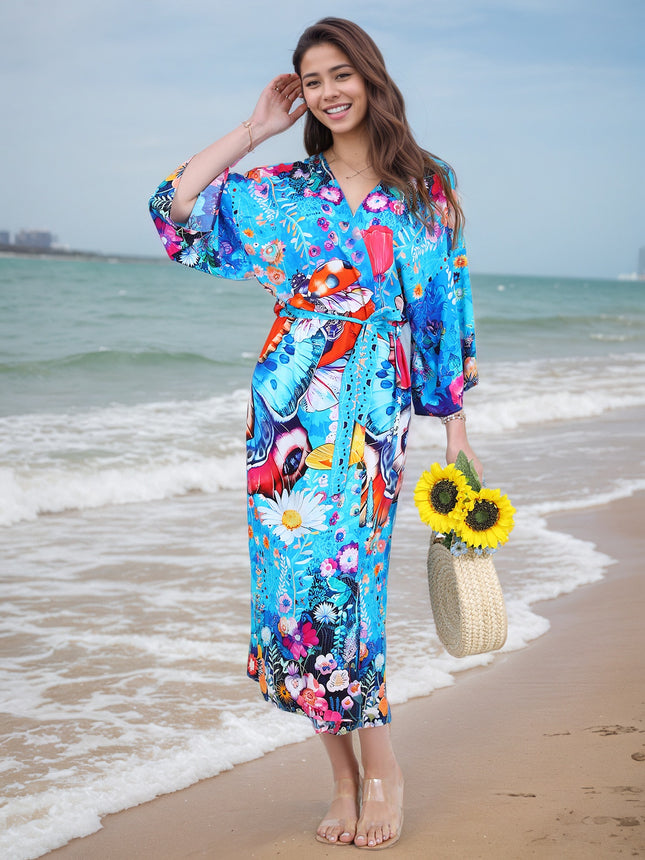 2025 New Rayon Bee Print Beach Cover-Up Seaside Vacation Cardigan Bikini Sun Protection Outer Wear Cross-Border
