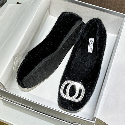 Mao Mao shoes women's autumn and winter outdoor warm fleece-lined bean shoes new square head all-match fashion temperament flat shoes women